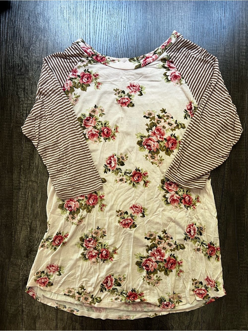 Chris & Carol Cream Floral Raglan Top with Pink Roses and Brown Stripes